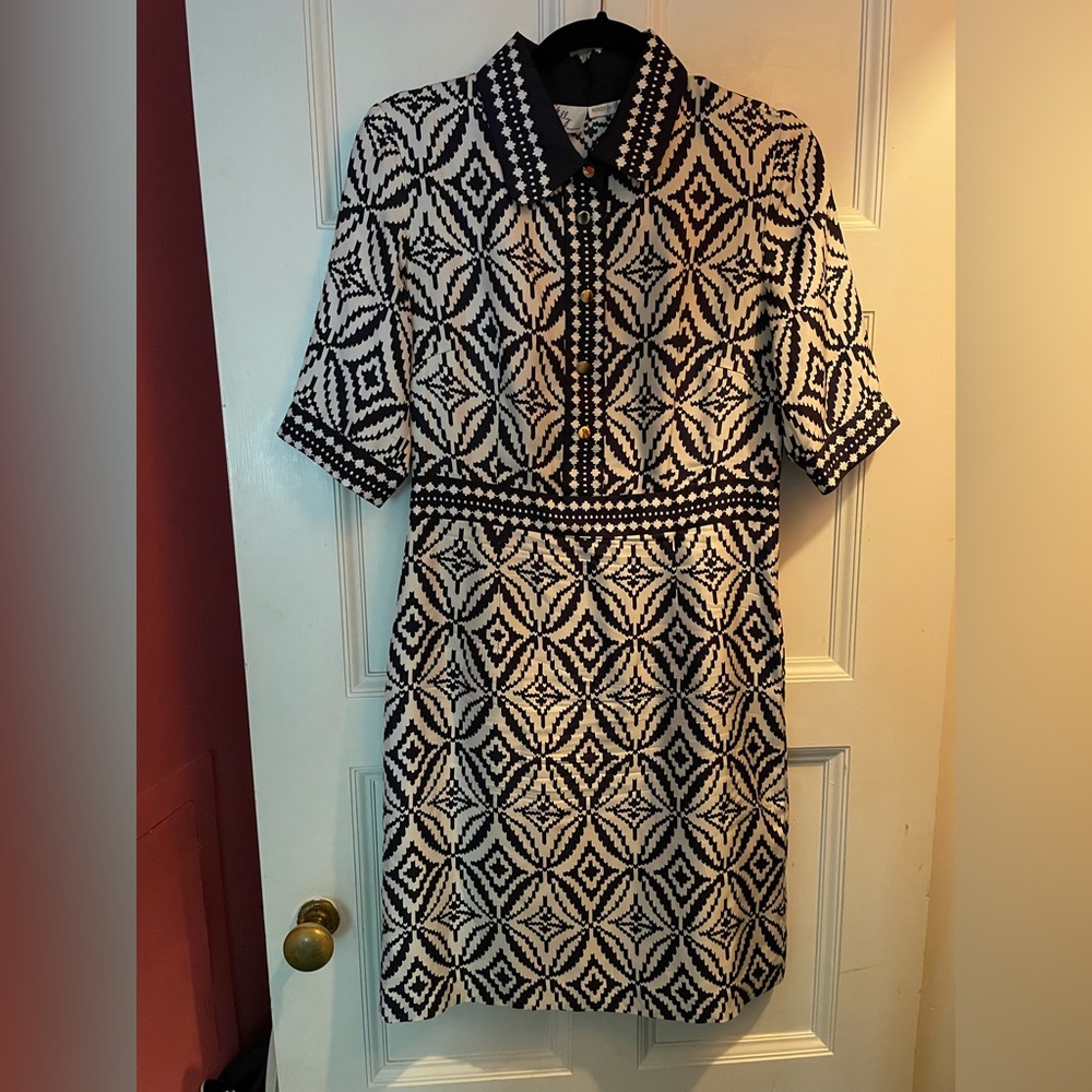 Silk Milly shirt dress, preppy printed navy blue and white, size 6 - Picture 3 of 9